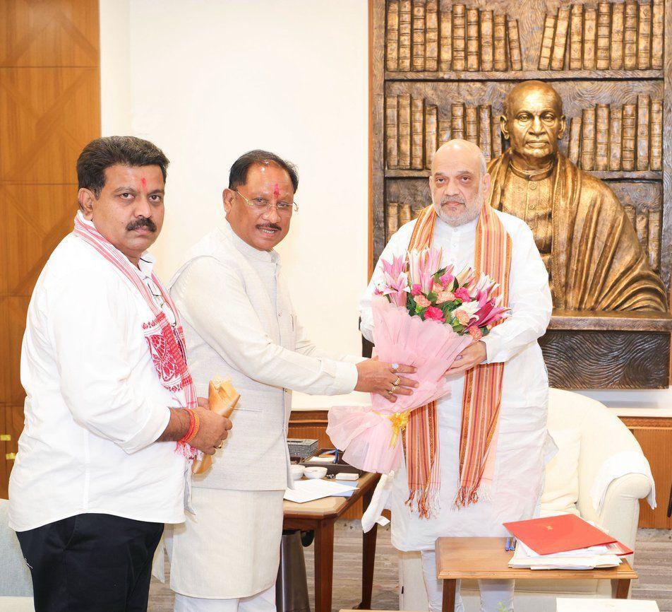 HM Amit Shah with CM Vishnu Dev Sai and DCM Vijay Sharma